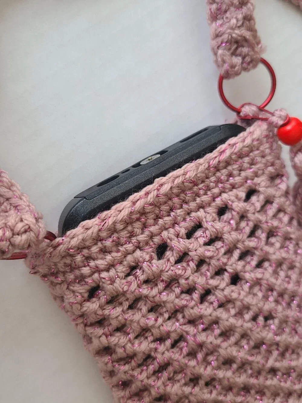 Handmade Hand Crochet Cell Phone Case Holder Crossbody Bag Dust Rose Charm